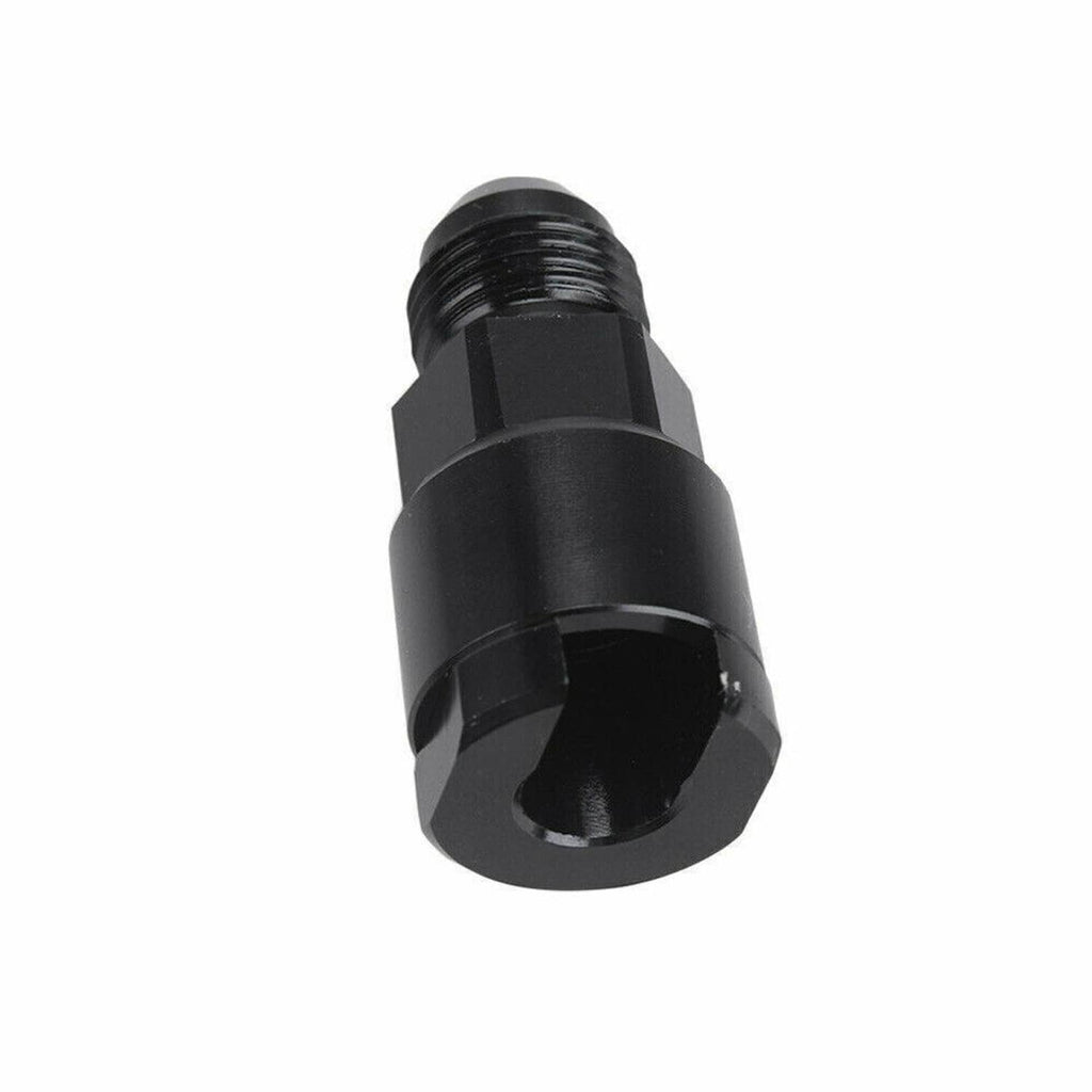 Black 6AN fuel adapter with hex-flange lock shape and internal opening
