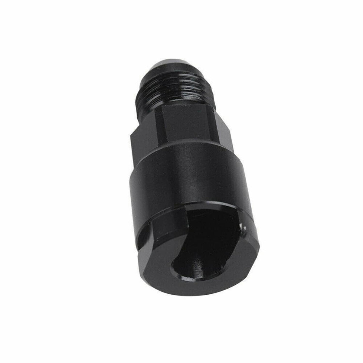 Black 6AN fuel adapter with hex-flange lock shape and internal opening