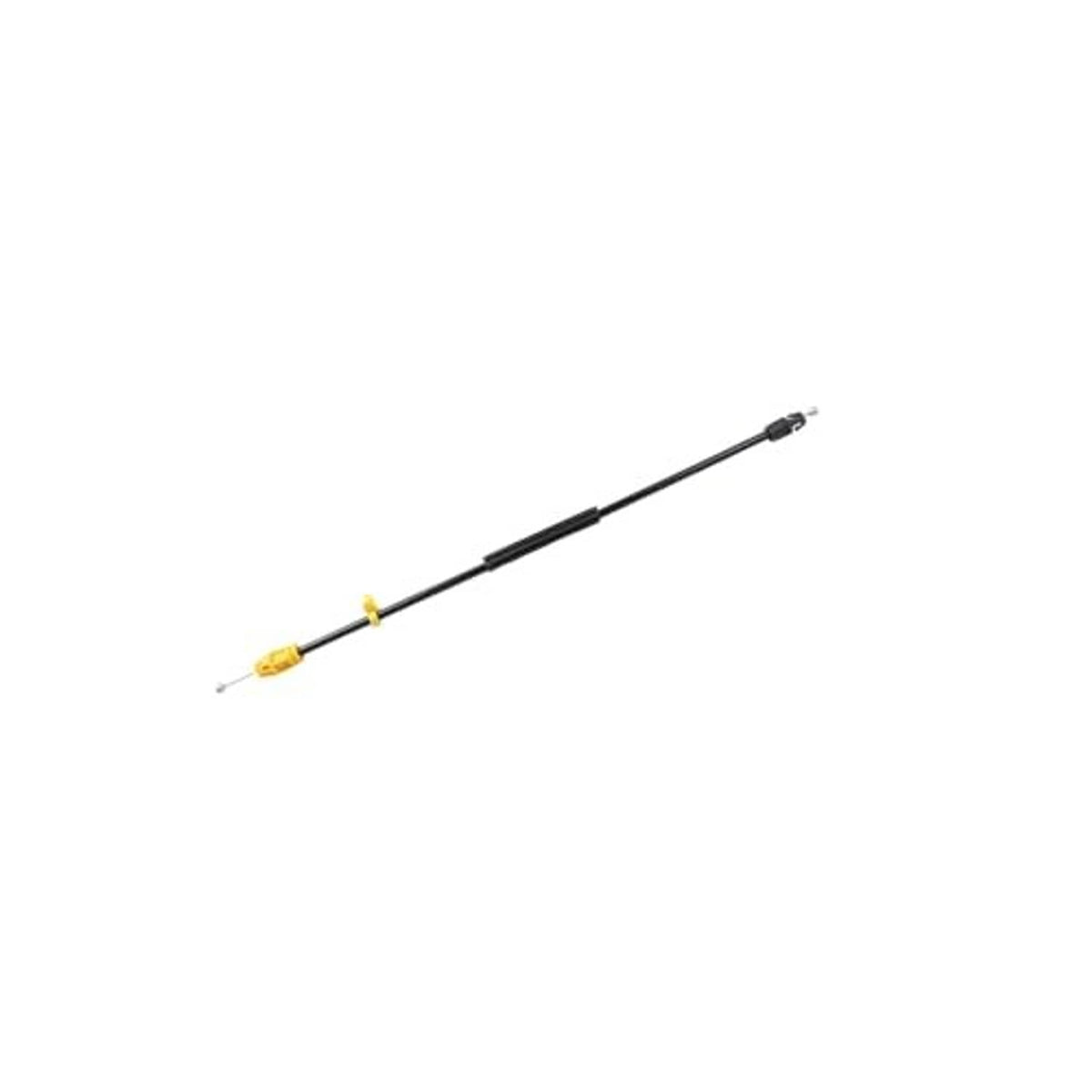 Door latch cable with yellow terminals and black sheath, angled perspective