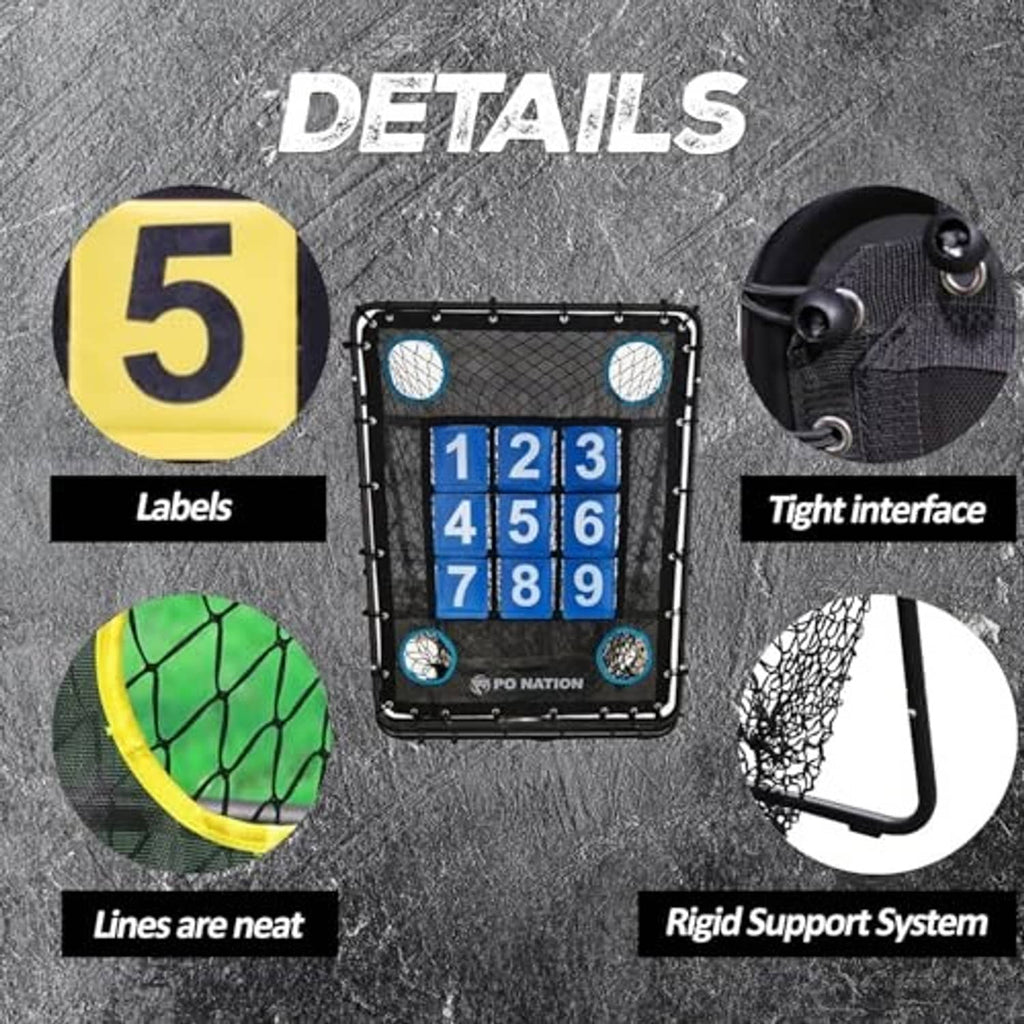 Baseball pitching net with numbered 1–9 strike zone target and surrounding circular targets