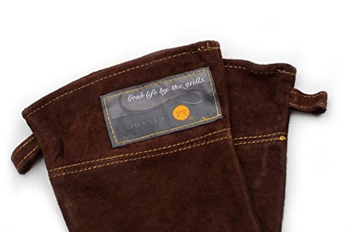 Brown leather grill glove with rectangular patch label and contrast stitching