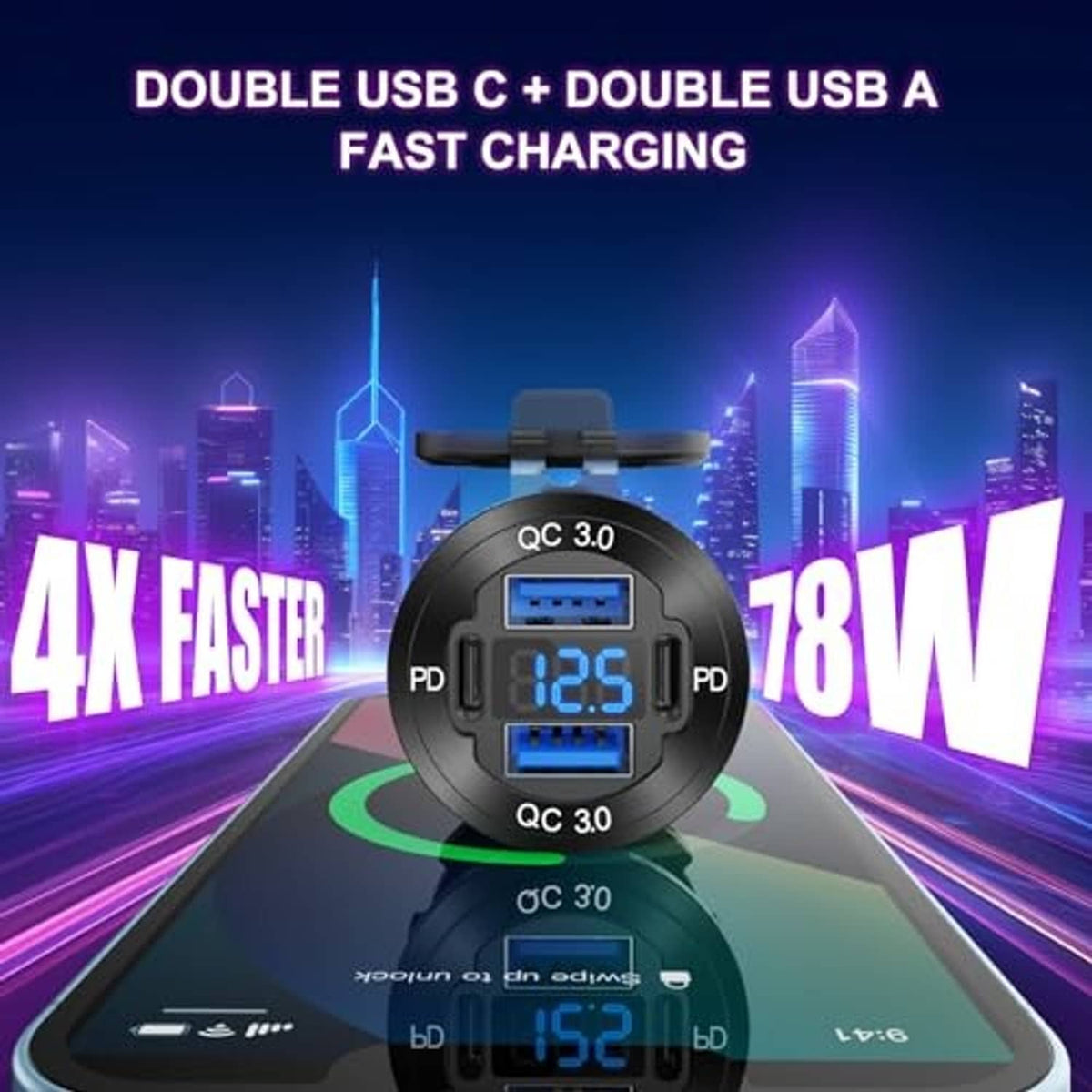 Round black 4-port car charger showing blue PD/QC screens on a dashboard