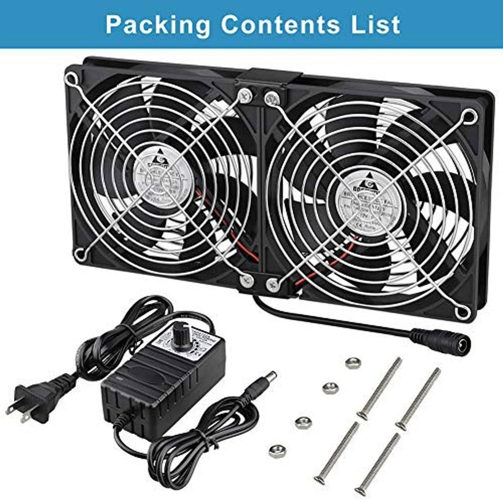 Dual 120mm cooling fans kit with power adapter, cables, and mounting screws