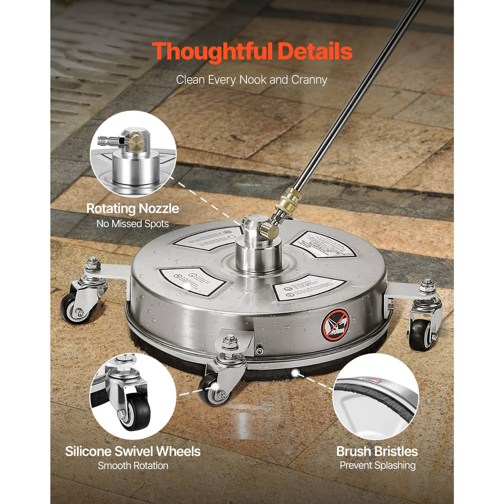 Pressure washer surface cleaner head with rotating nozzle, swivel wheels, and edge bristles
