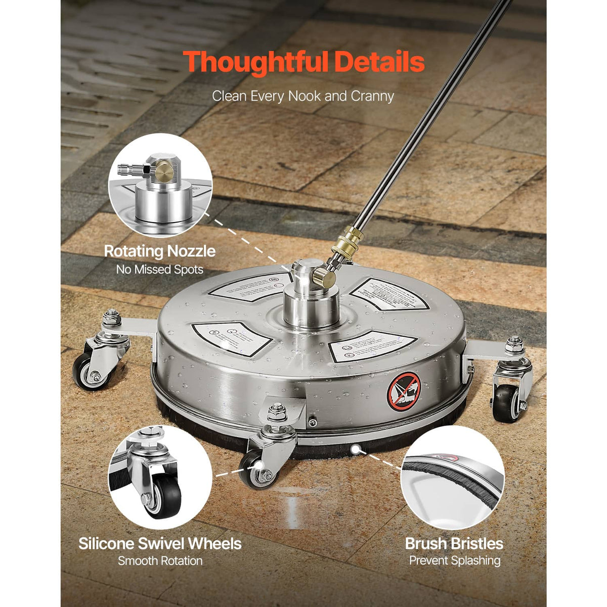 Pressure washer surface cleaner head with rotating nozzle, swivel wheels, and edge bristles