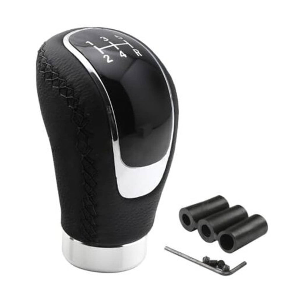 Weighted manual gear shift knob with black leather wrap and silver trim, with installation parts