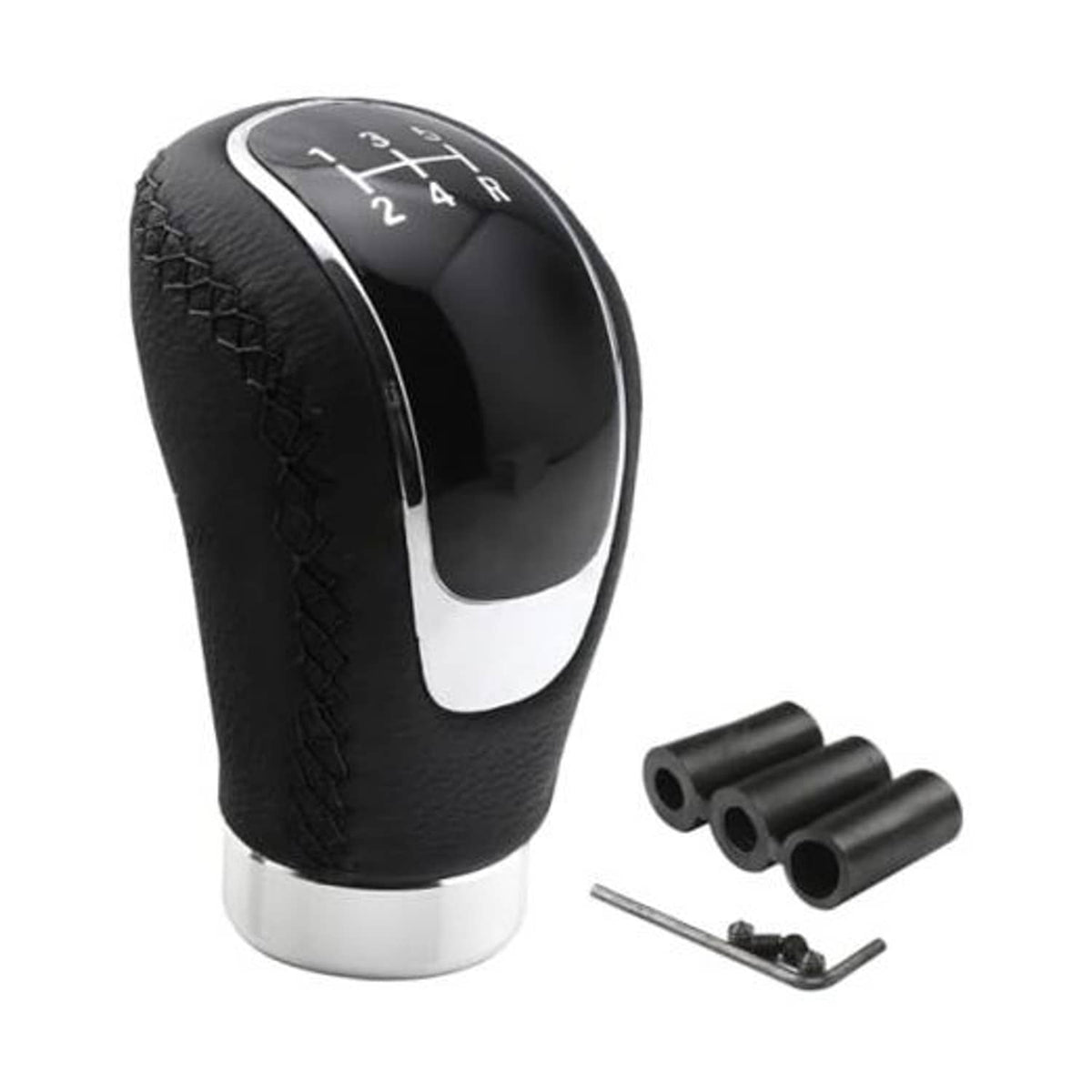 Weighted manual gear shift knob with black leather wrap and silver trim, with installation parts
