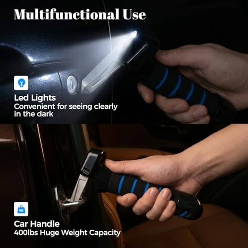 Blue-and-black handle assist with LED light shining near car door handle