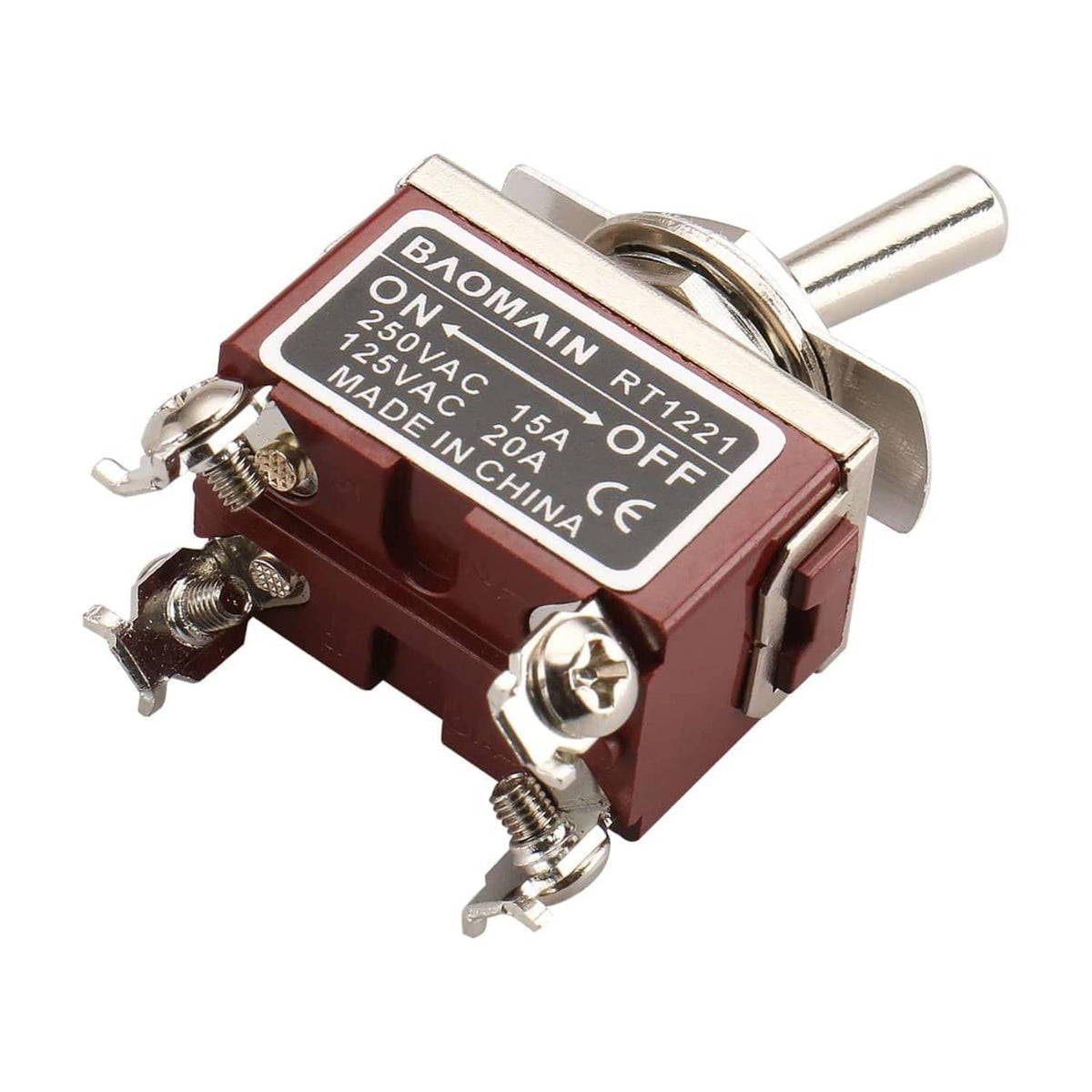 Red on/off rocker toggle switch with metal lever and BAOMAIN RT1221 label, side view