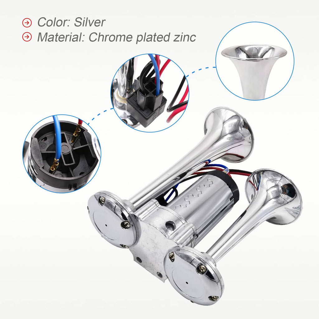 Chrome dual trumpet air horn with mounting bracket and red, blue, and black wires