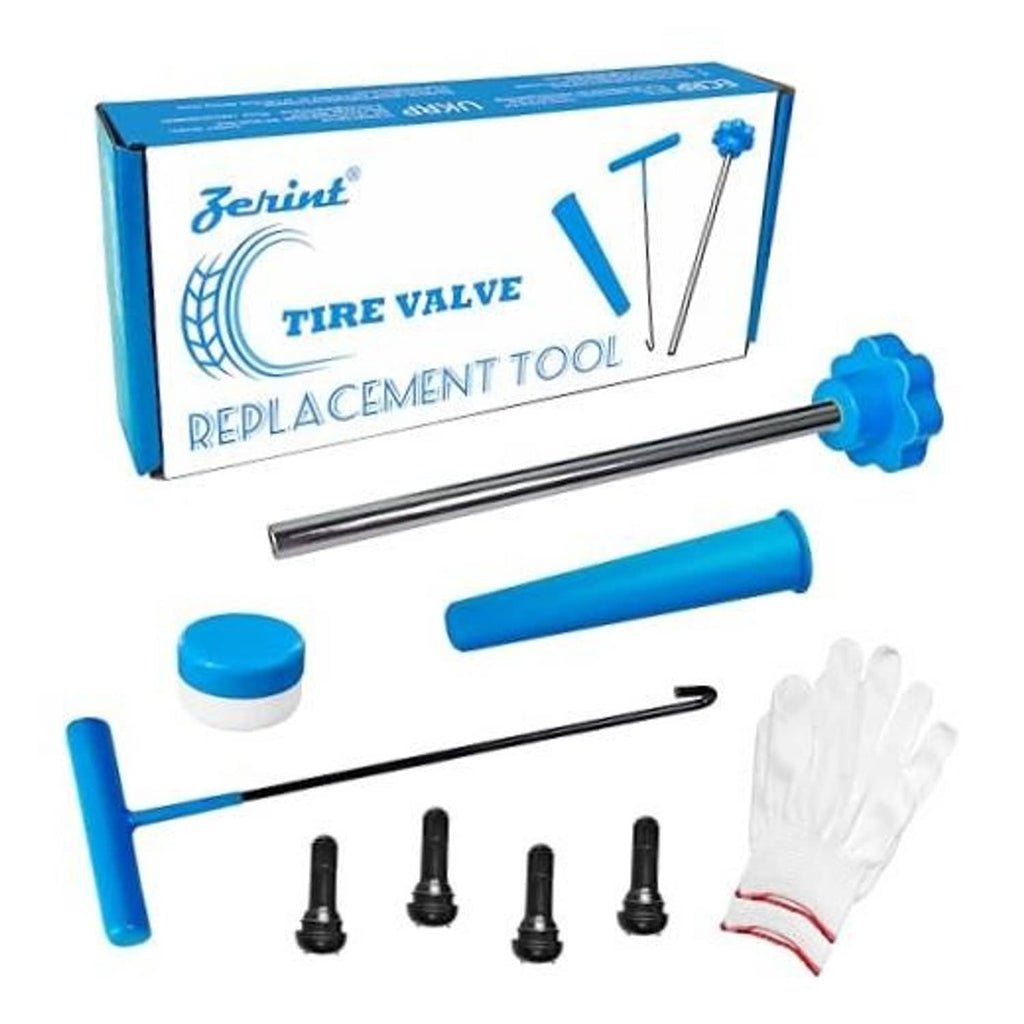 Tire valve core replacement tool kit with metal rod, blue parts, and gloves