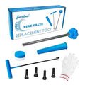 Tire valve core replacement tool kit with metal rod, blue parts, and gloves