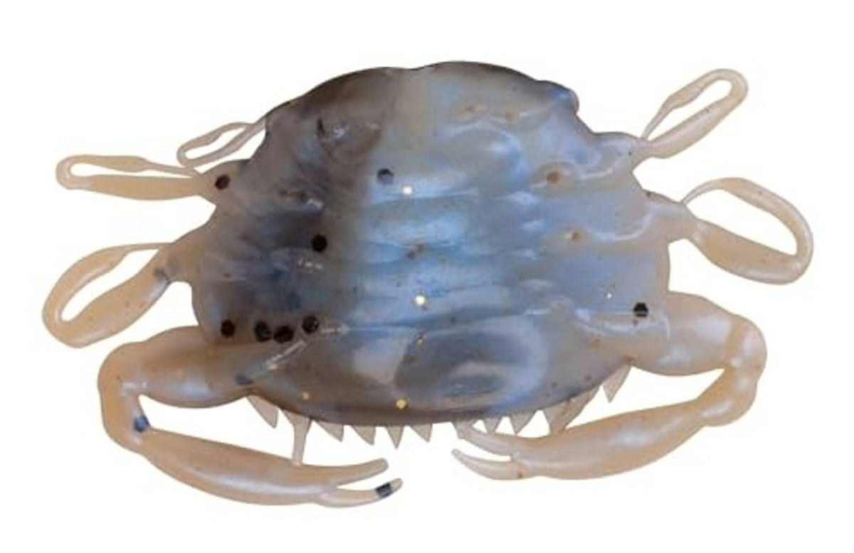 Blue translucent speckled soft crab fishing bait with molded claws and hook rig