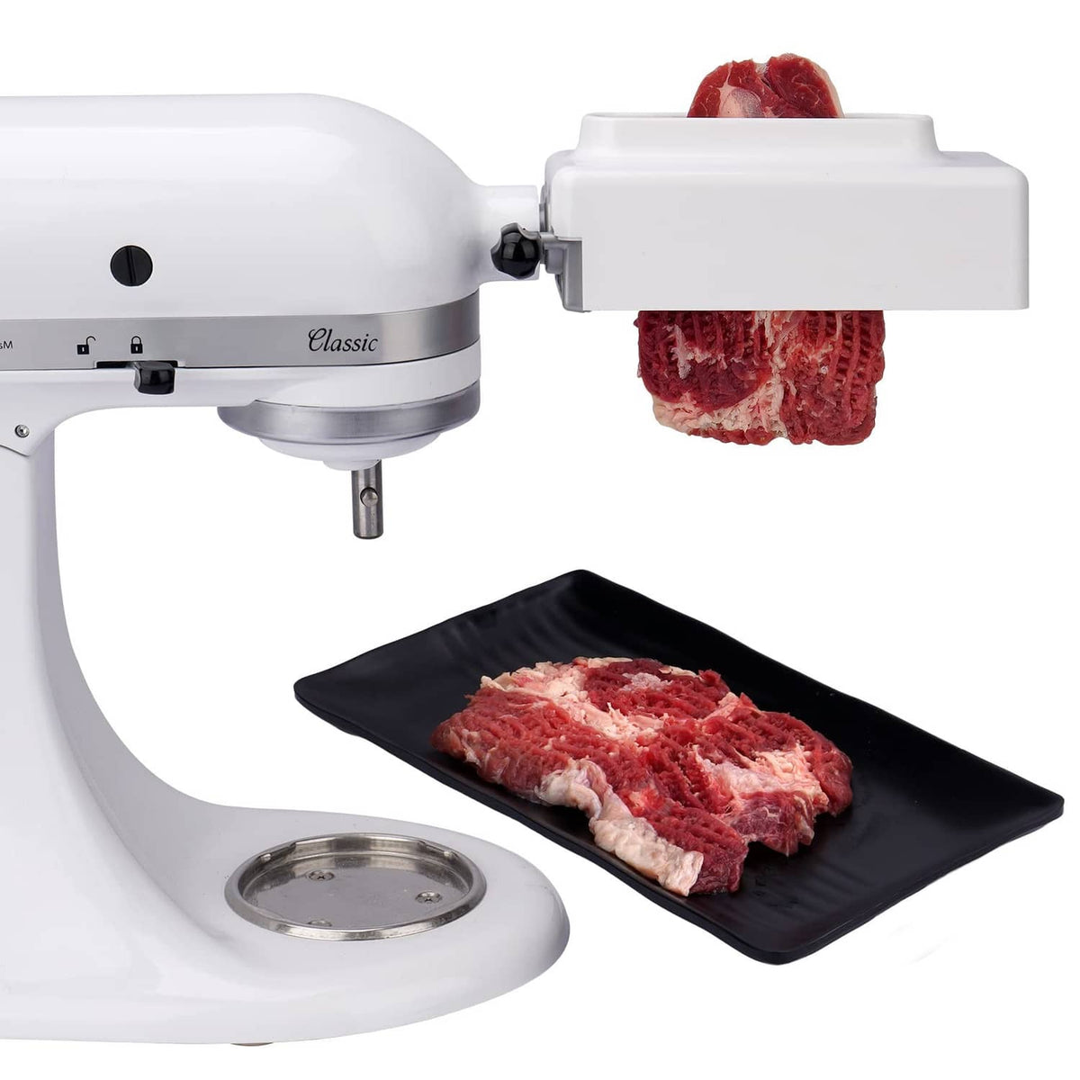Meat tenderizer attachment with rotating drum, mounted on a stand mixer