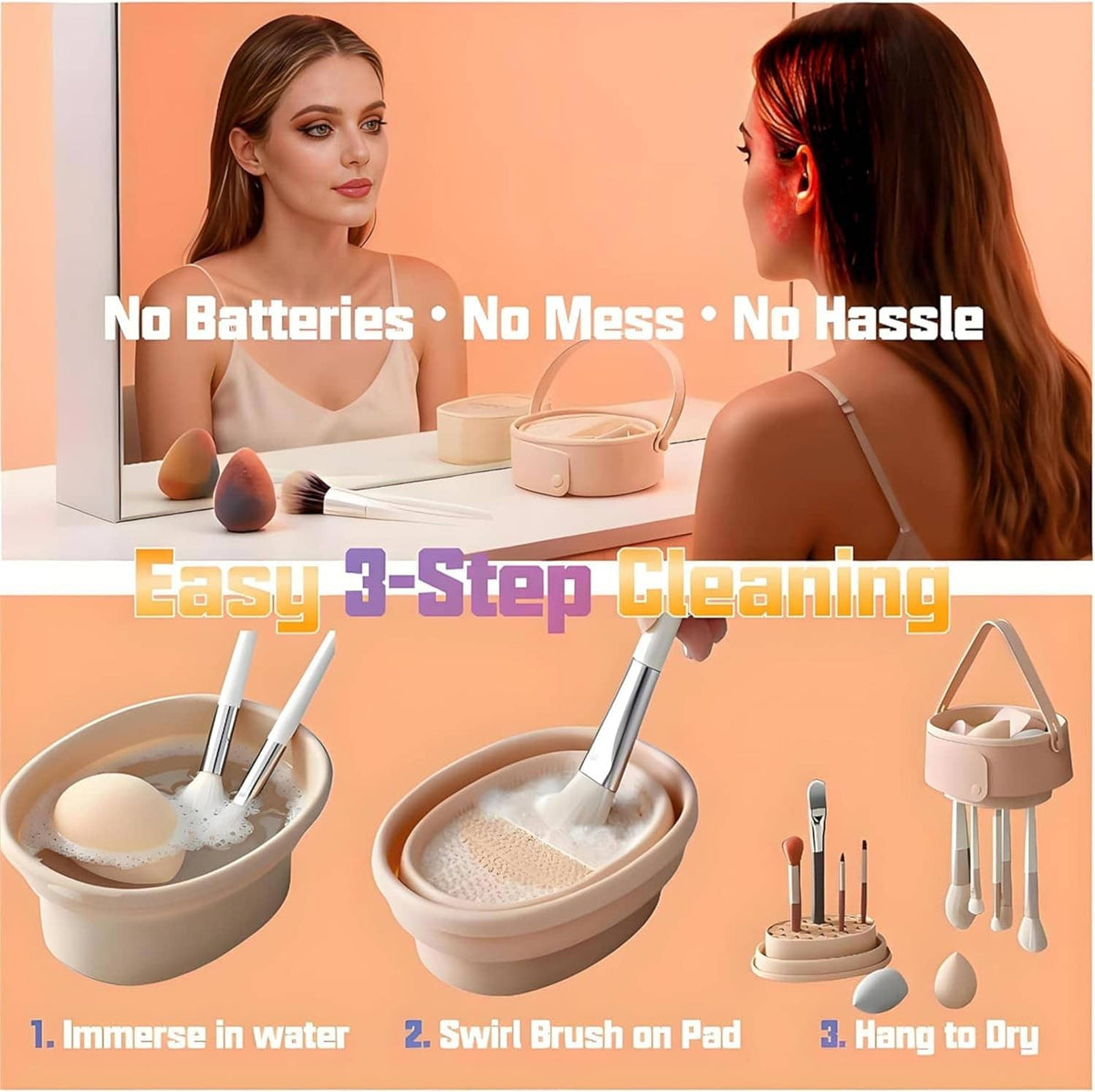 Foldable silicone brush cleaner and drying rack on vanity with brushes in cleaning pads, beige