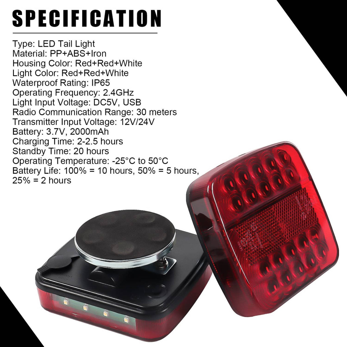 Red LED tail light with black mounting base and waterproof housing, square lens cover