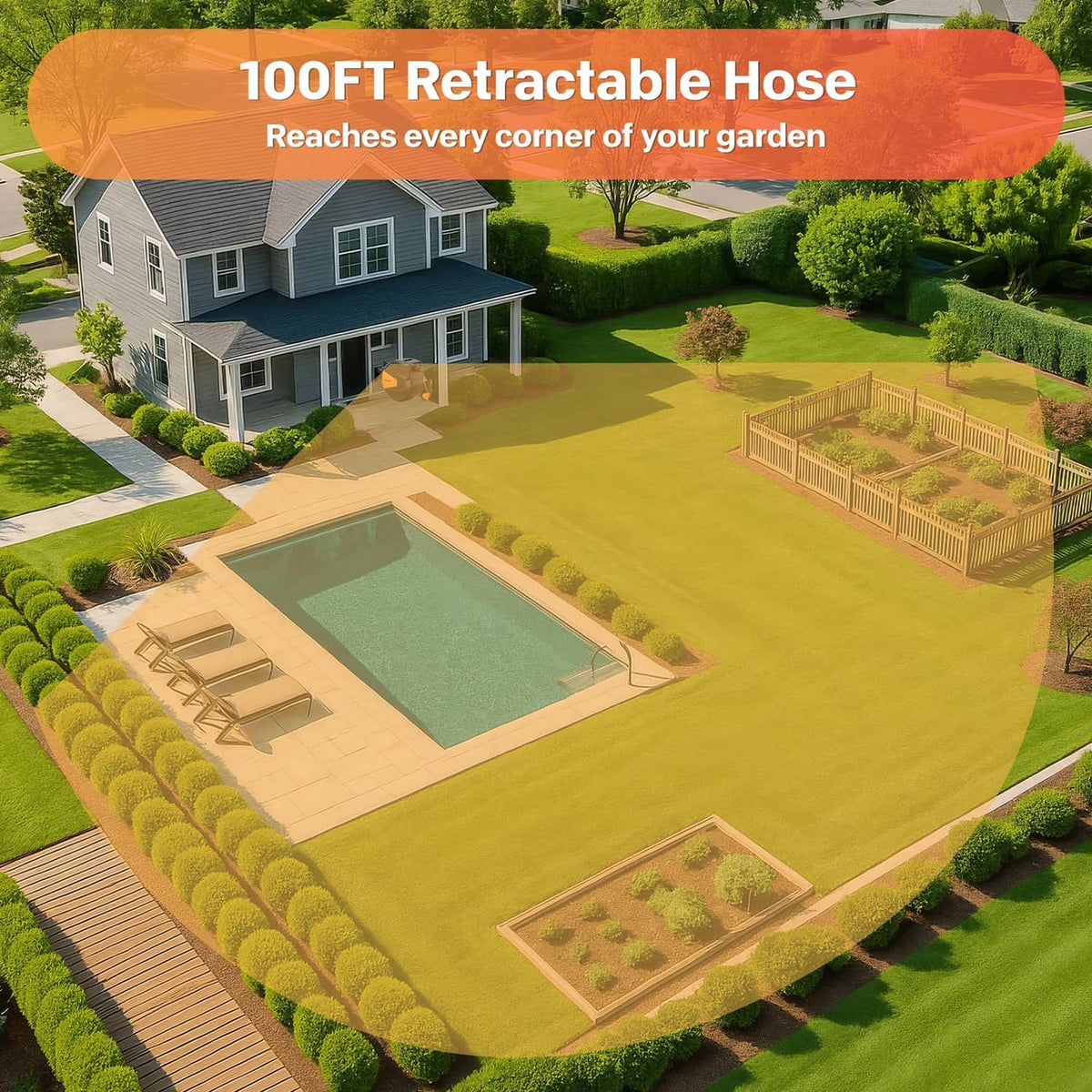 Retractable garden hose reel with 100 ft hose, mounted for outdoor watering