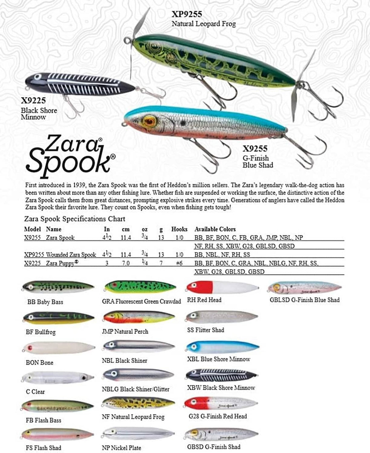 Zara Spook lure lineup sheet with multiple color illustrations and hook details