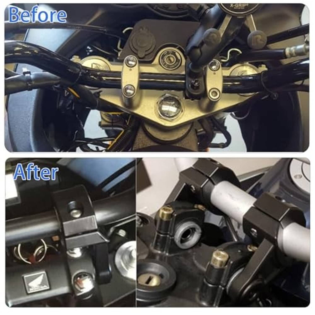 Mounted black handlebar clamp risers with pivot joints on a motorcycle handlebar