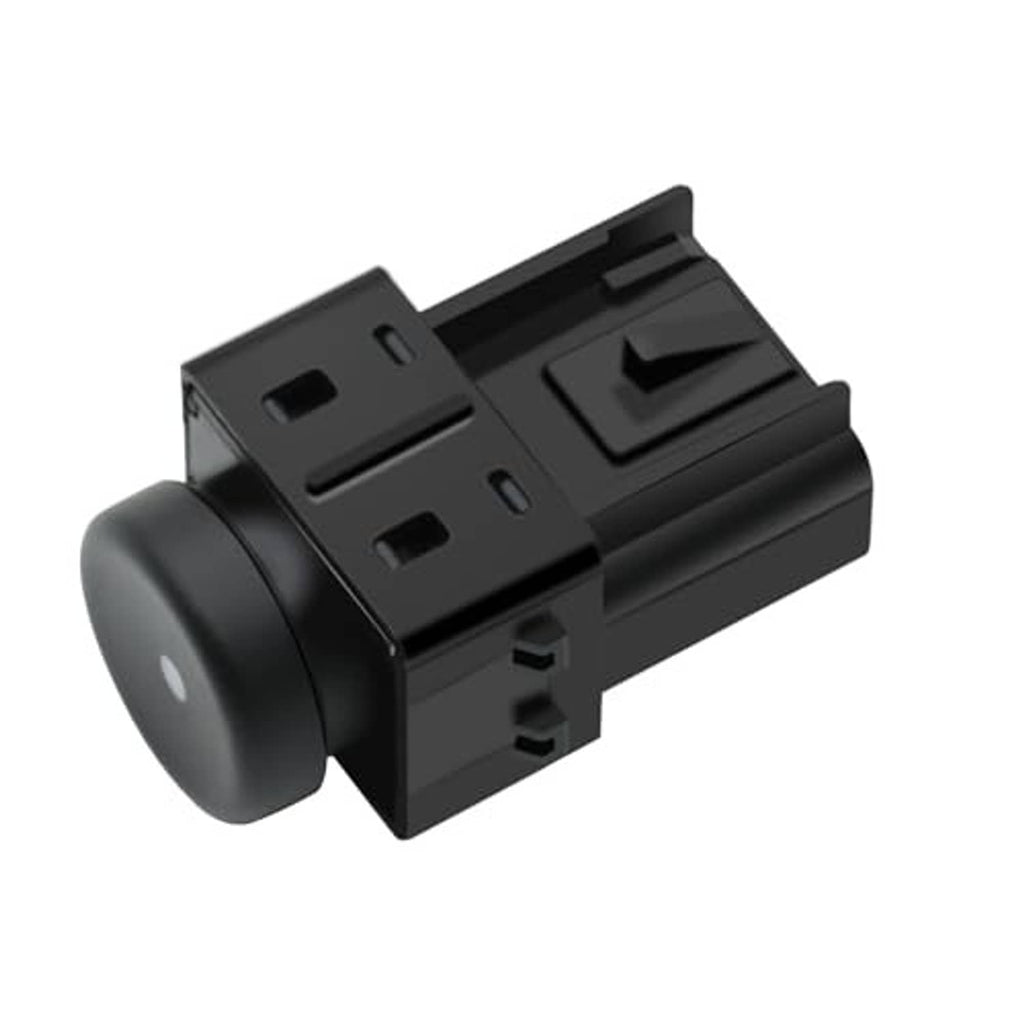 Black door latch release switch, angled view, round button and mounting blocks