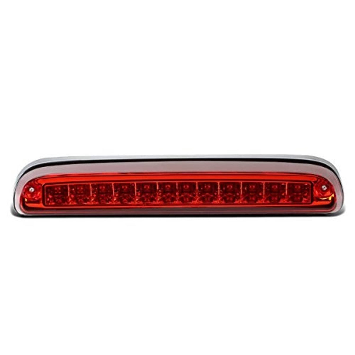 Slim red LED third brake light bar with silver edges and long red lens strip