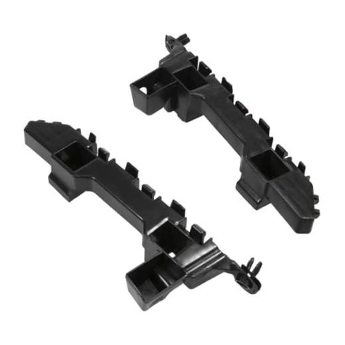 Pair of black front bumper mounting brackets with multiple clips