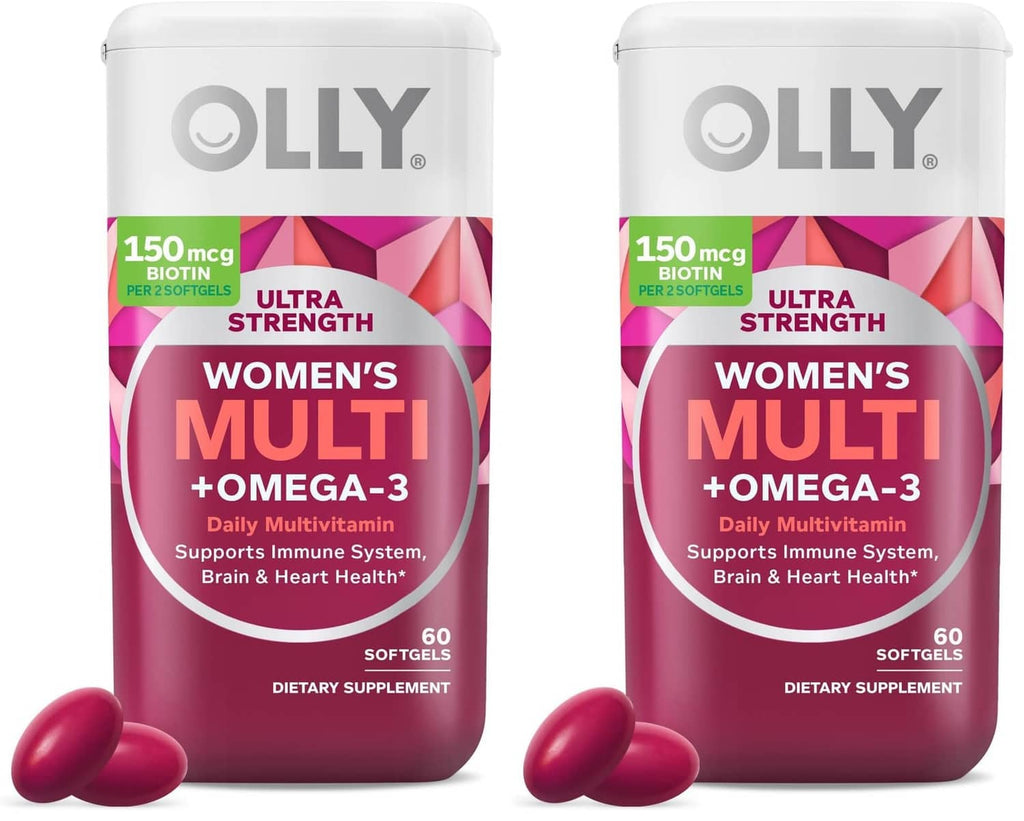 OLLY Ultra Women's Multi +Omega-3 softgels bottle with red label, 60 softgels.