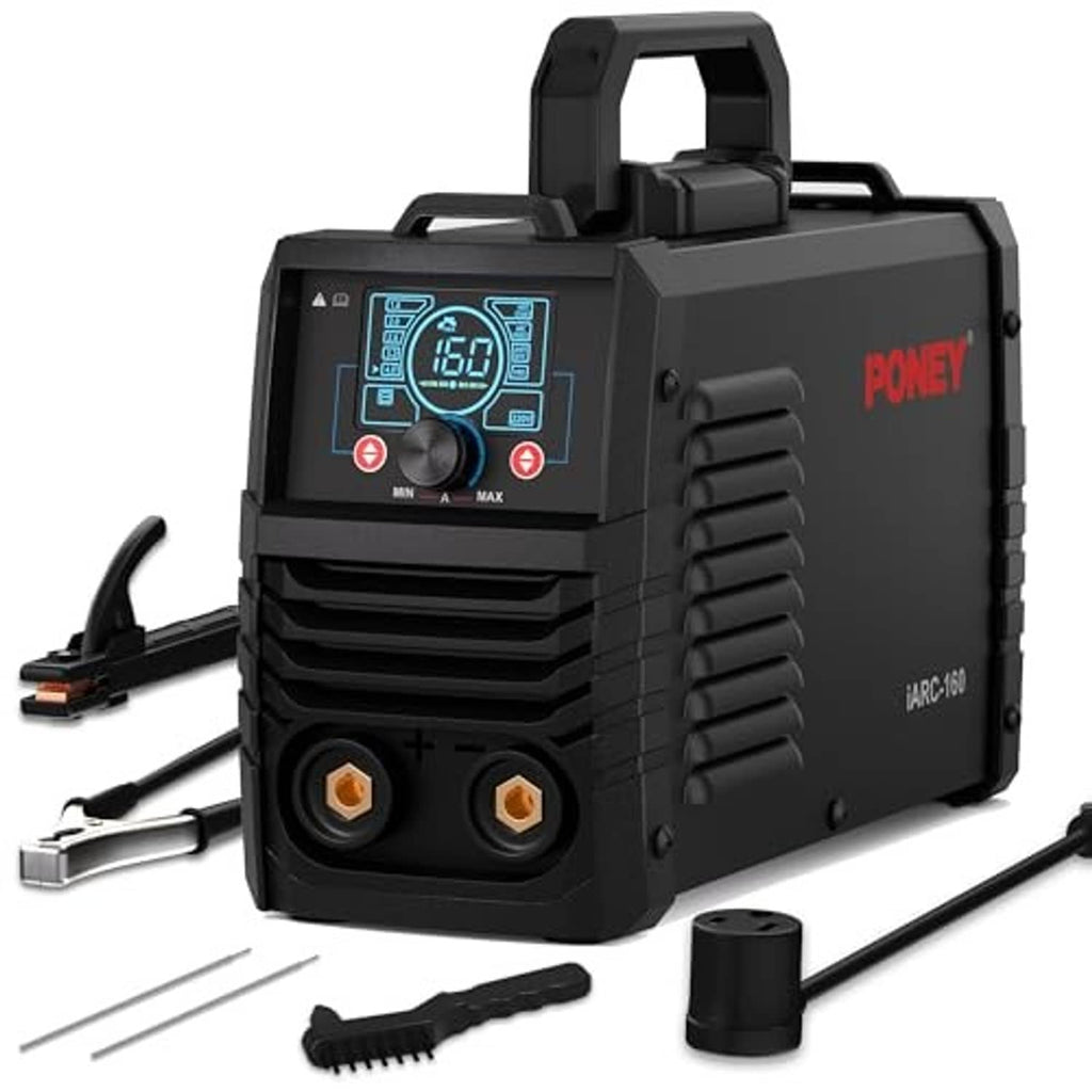 Portable inverter welder with digital control panel, handle, and ground clamp accessory