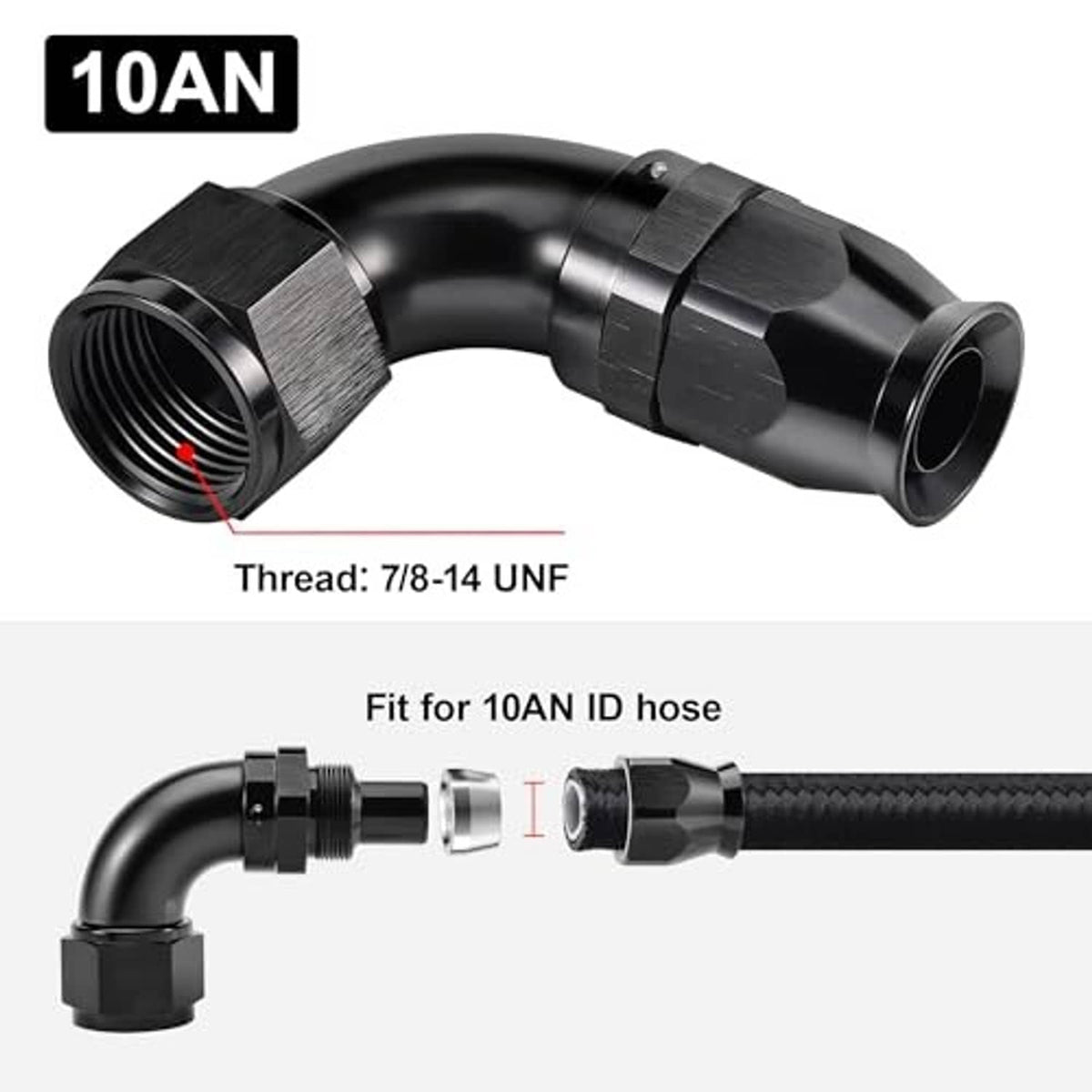 Black 90-degree AN elbow fitting with male threads and hose-end connector