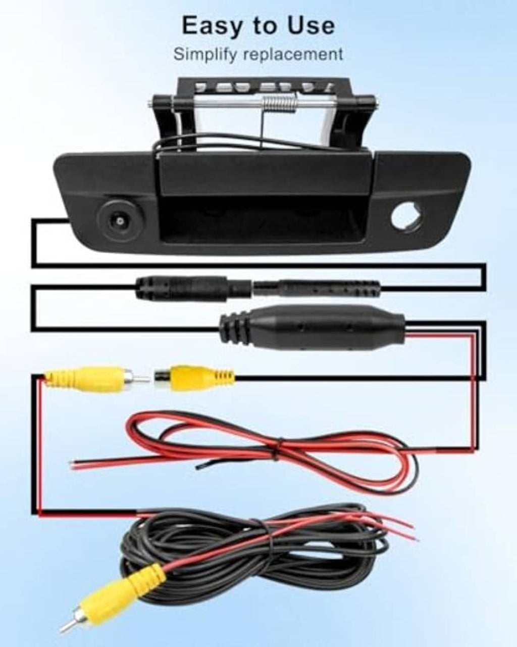 Tailgate handle backup camera components with black housing, cables, and connectors