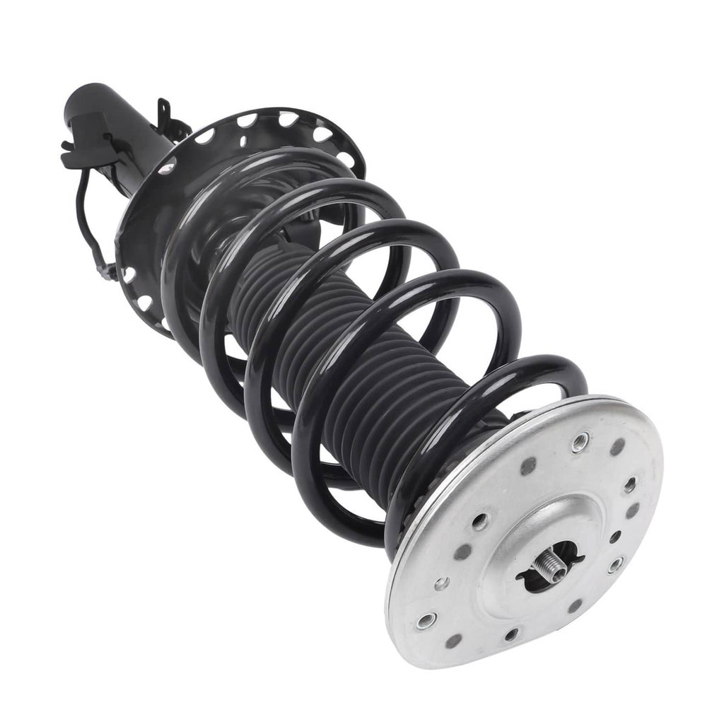 Single front shock strut with black coil spring and round silver top mount plate