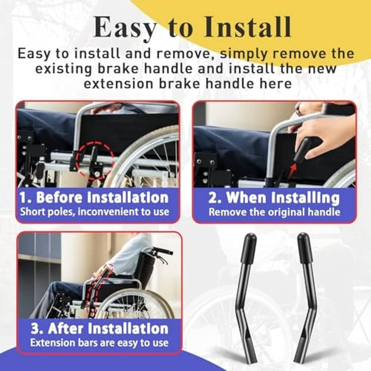 Two black wheelchair brake handle extender bars with curved metal arms