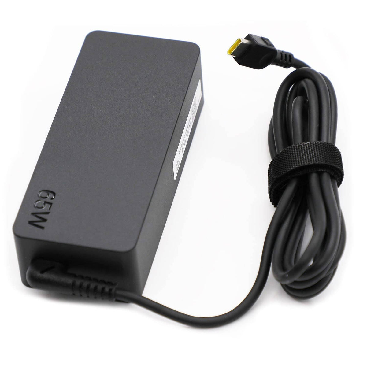 Black AC adapter block with USB-C connector and attached black power cable