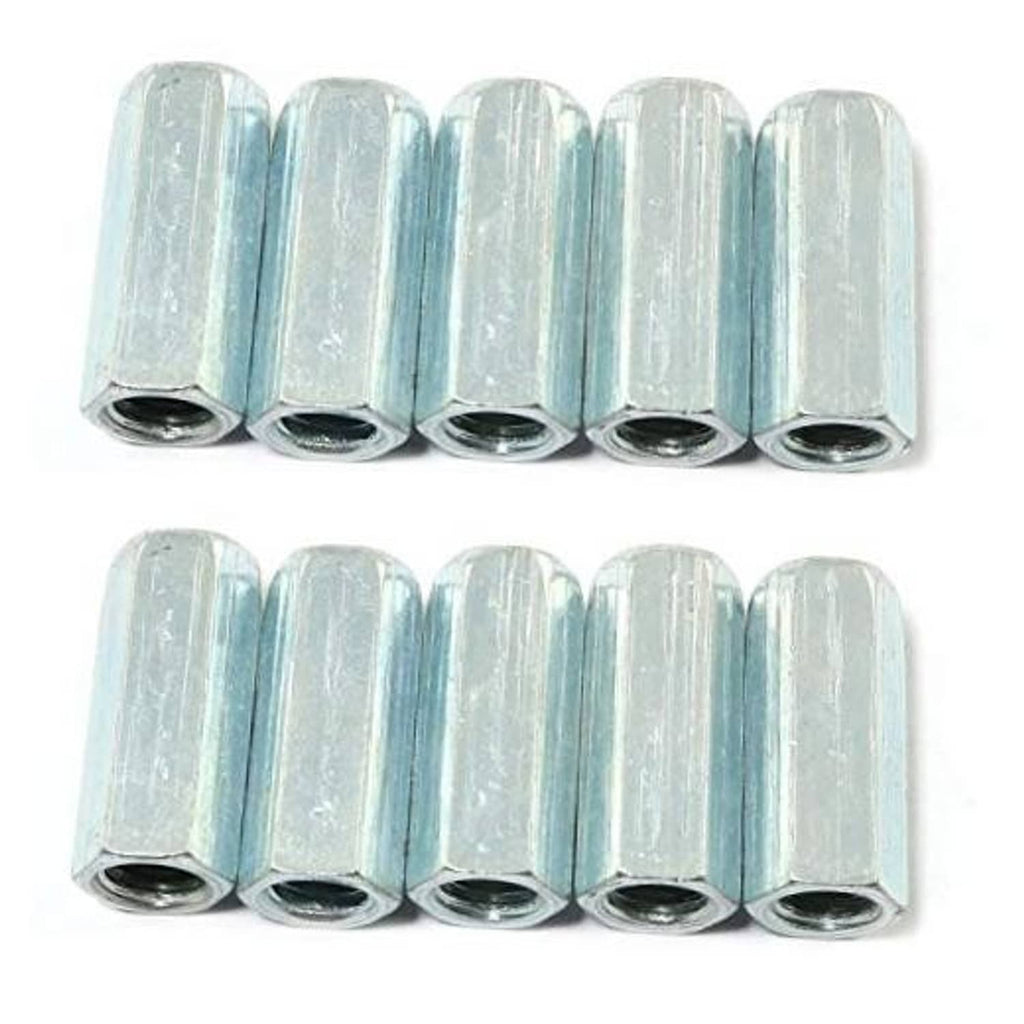 Set of 10 M8 hex coupling nuts, silver finish, female threaded sleeves