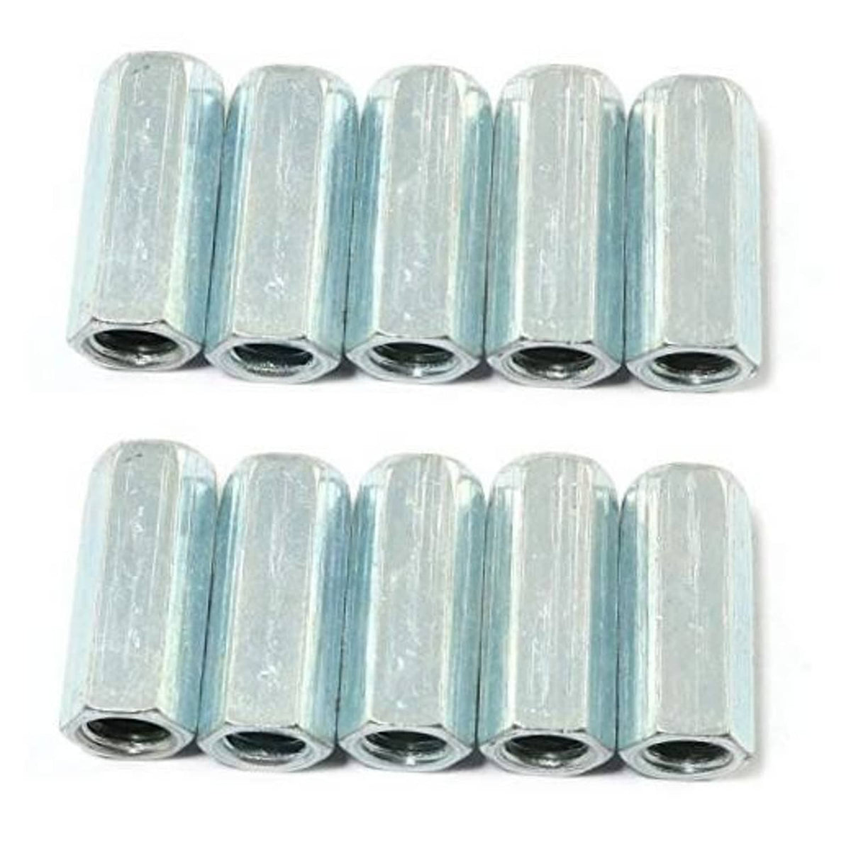 Set of 10 M8 hex coupling nuts, silver finish, female threaded sleeves