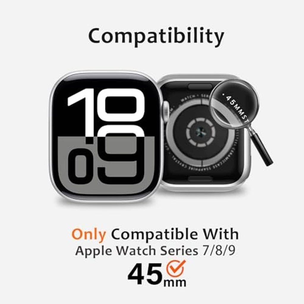 Gold metal case for Apple Watch 45mm showing compatible fit and screen cover outline