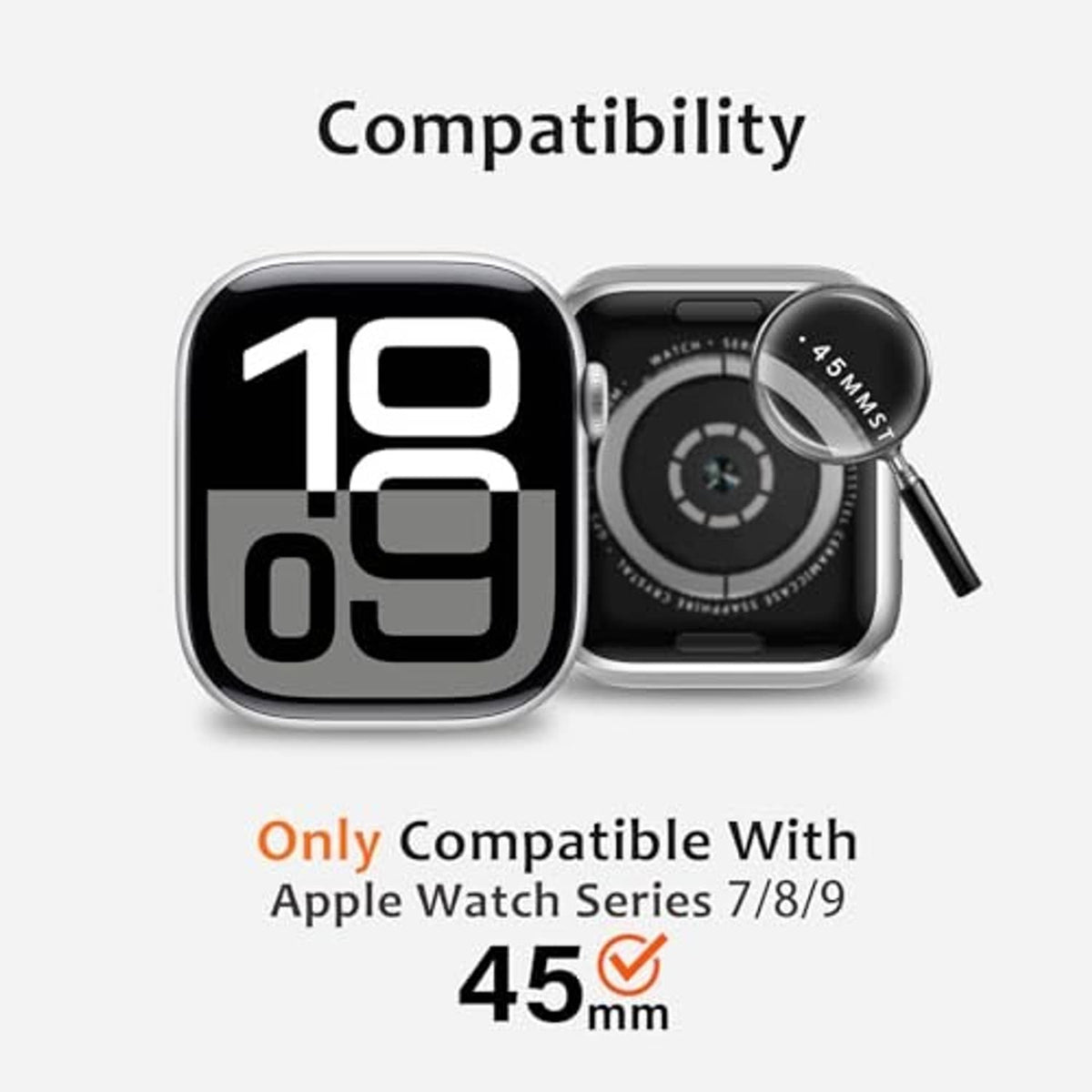 Gold metal case for Apple Watch 45mm showing compatible fit and screen cover outline