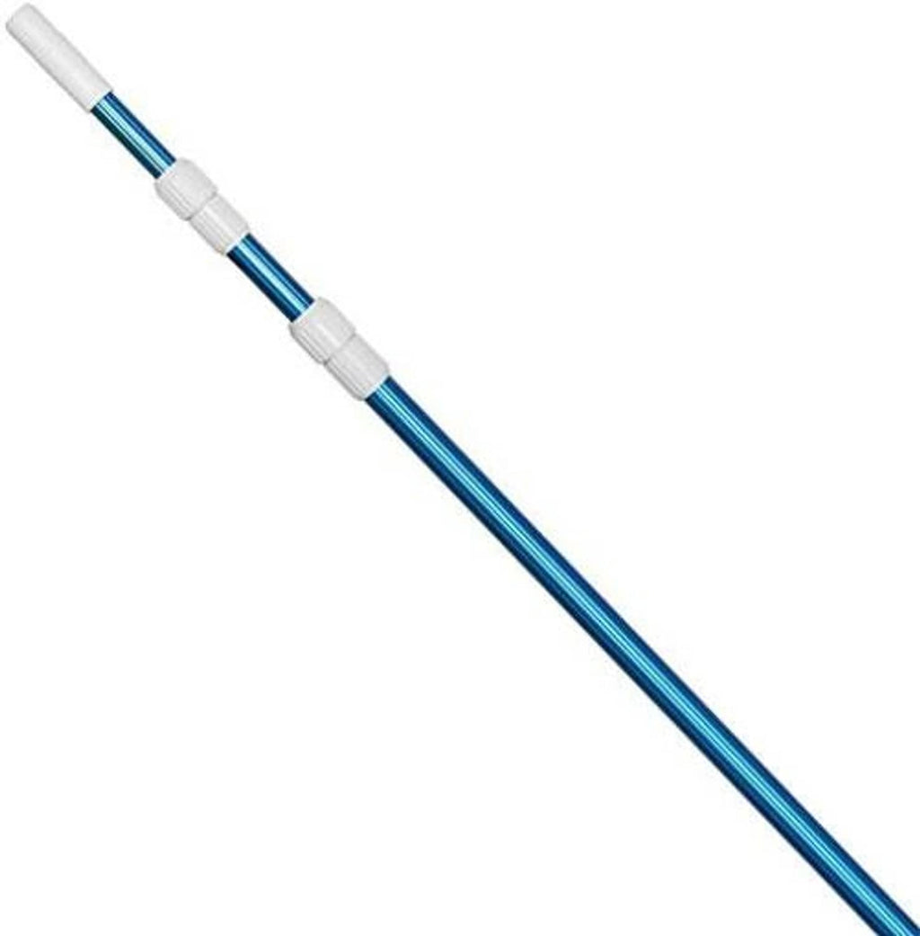 Blue anodized telescopic pool pole with white end cap and ribbed silver adjustment bands