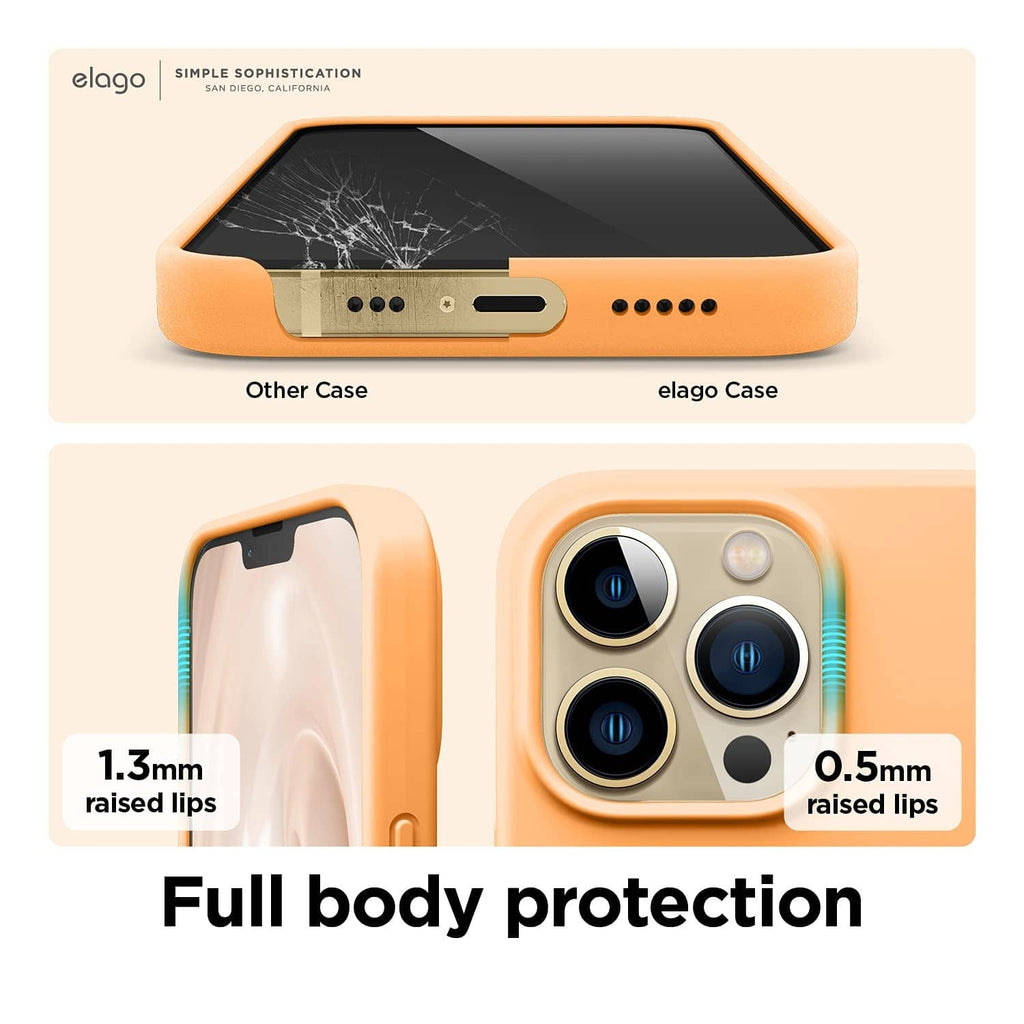 Orange silicone iPhone case showing full-body protection with raised lip around screen