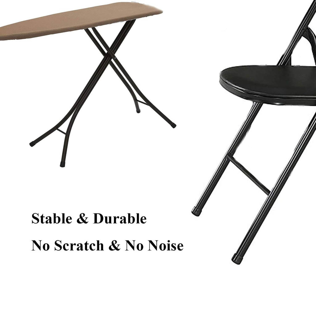 Black round rubber chair leg caps on metal chair legs for stable, quiet floor contact
