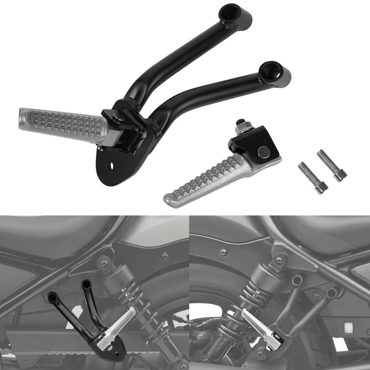 Motorcycle passenger rear foot pegs set with textured metal grips and black brackets