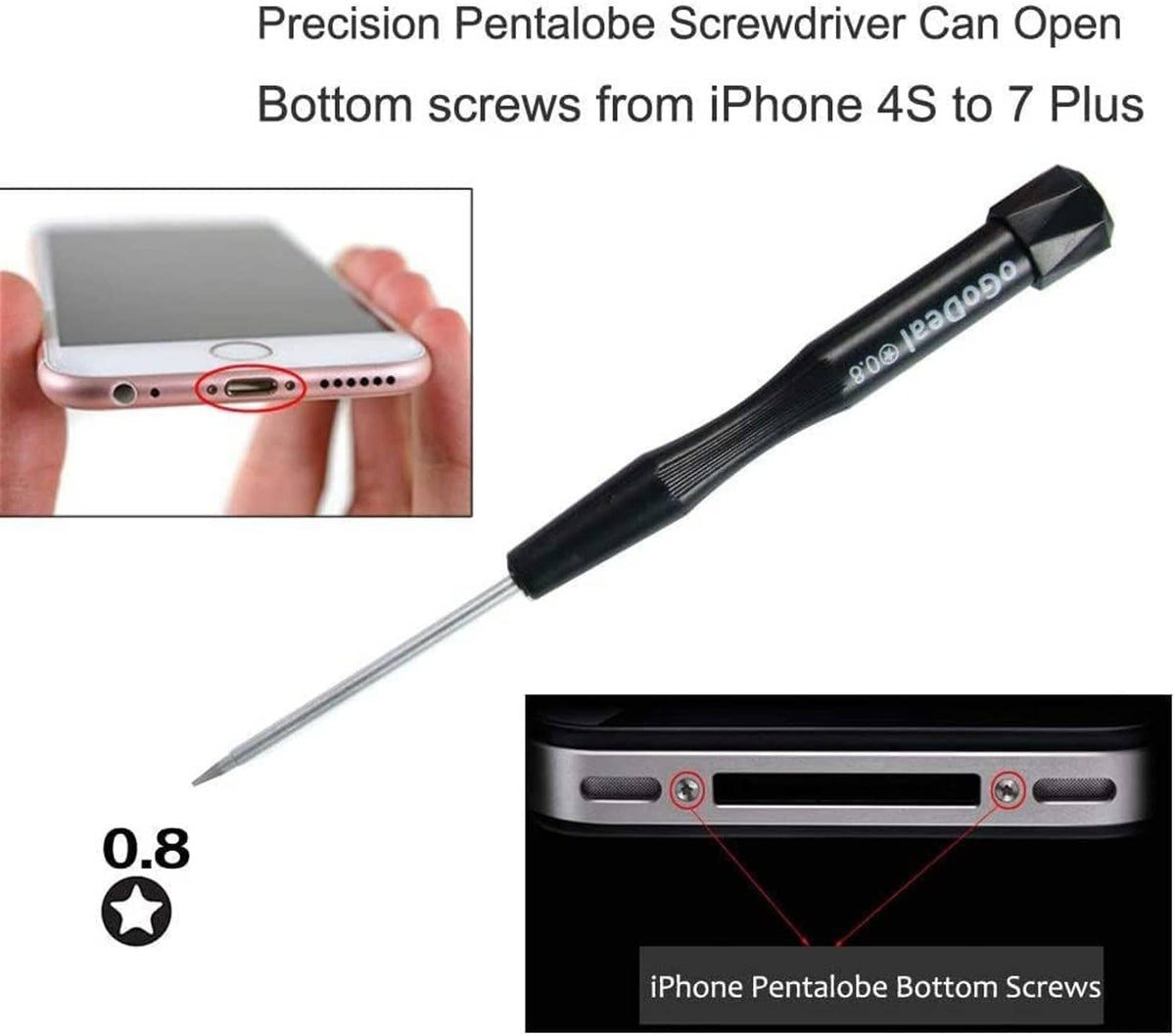 Precision pentalobe screwdriver with 0.8mm five-point star tip and long metal shaft
