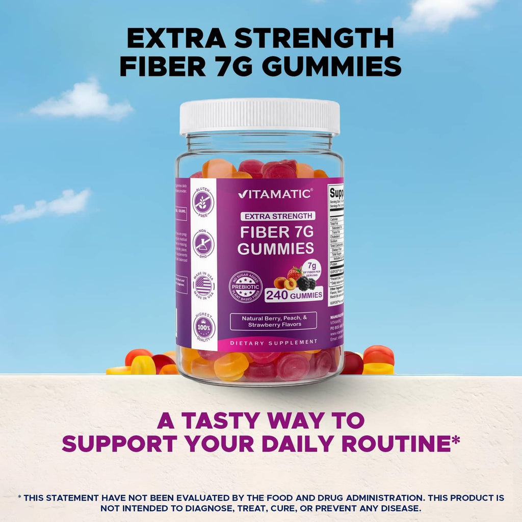 Vitamatic fiber 7g gummies bottle standing with colorful gummy pieces