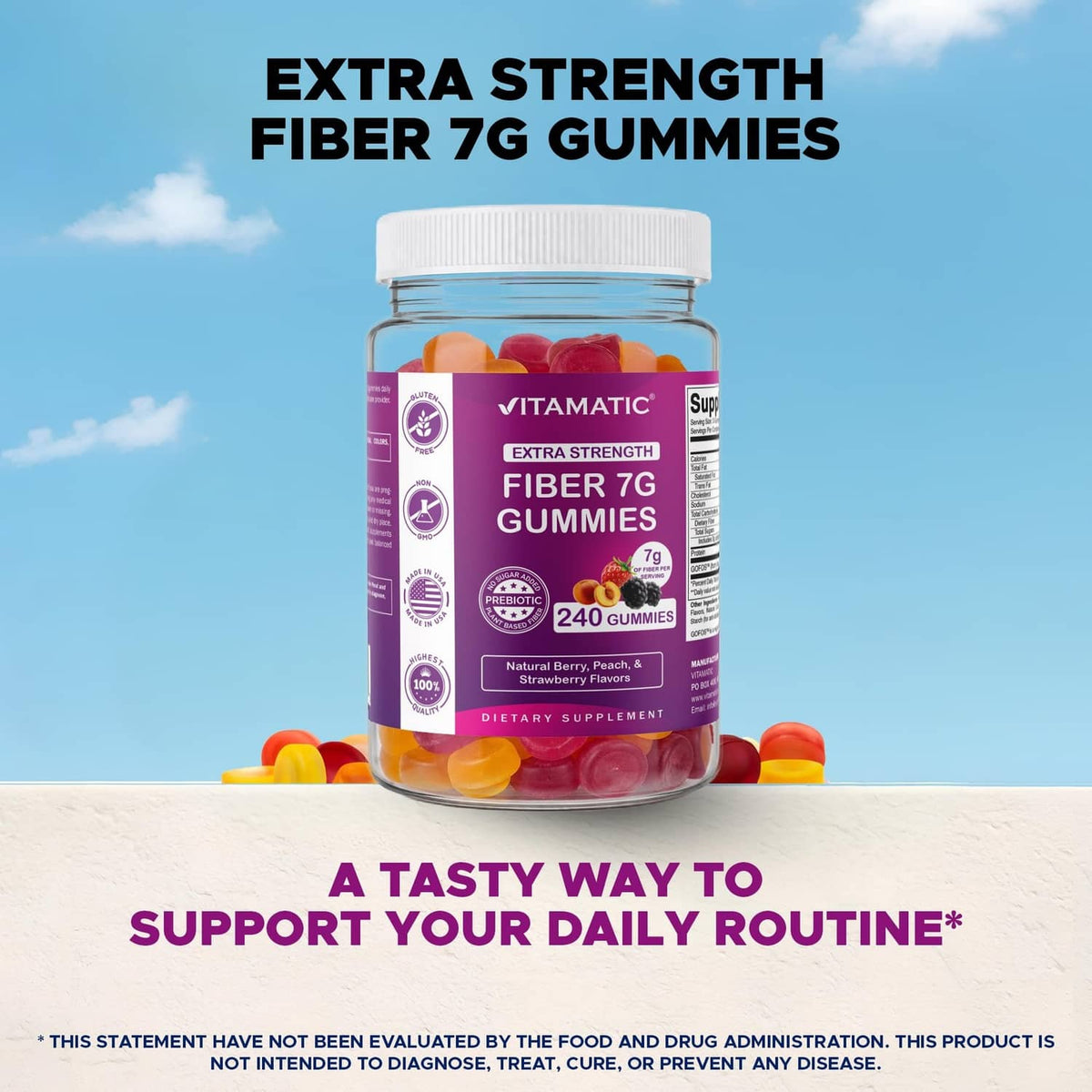 Vitamatic fiber 7g gummies bottle standing with colorful gummy pieces