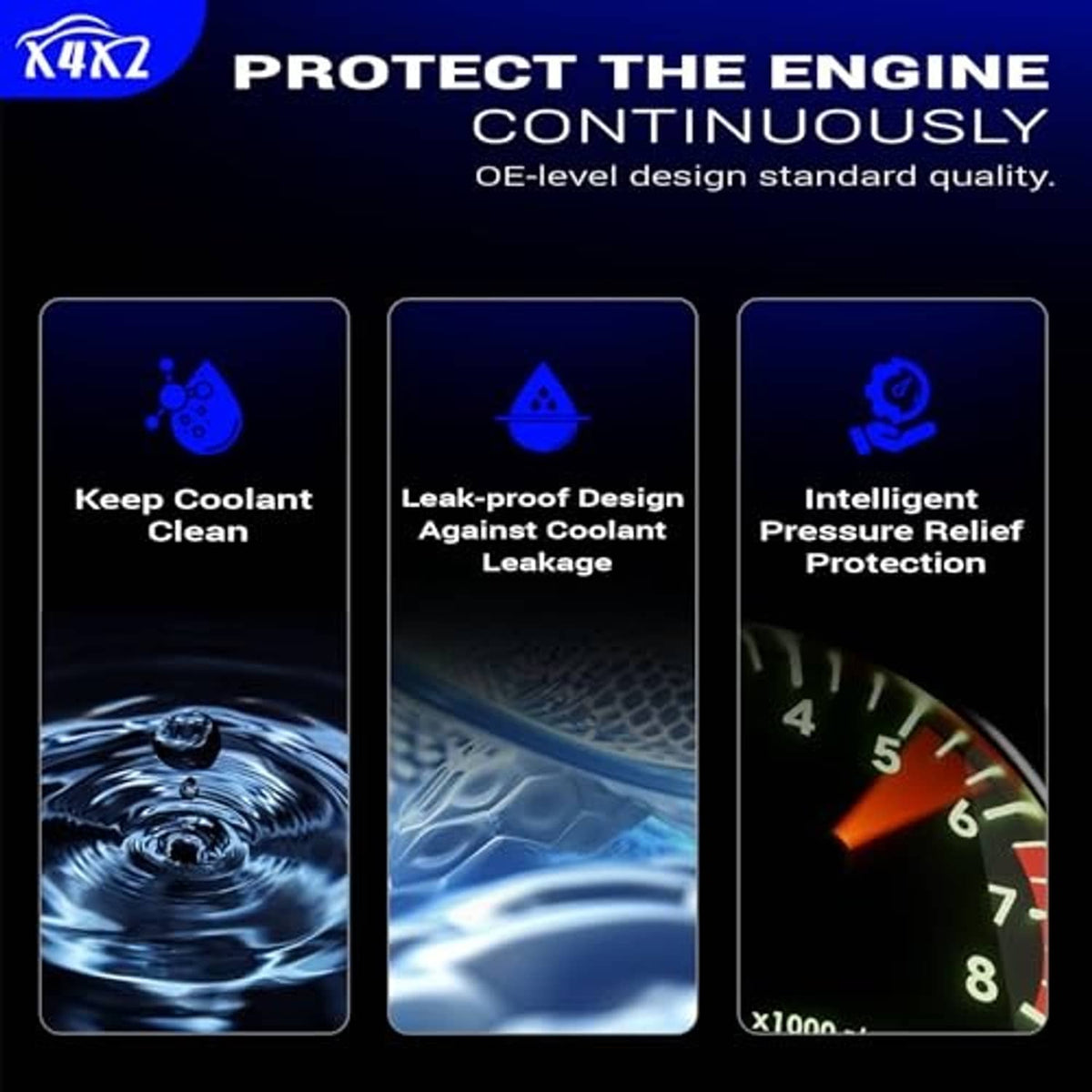 Coolant expansion tank protection infographic with leak-proof and pressure icons