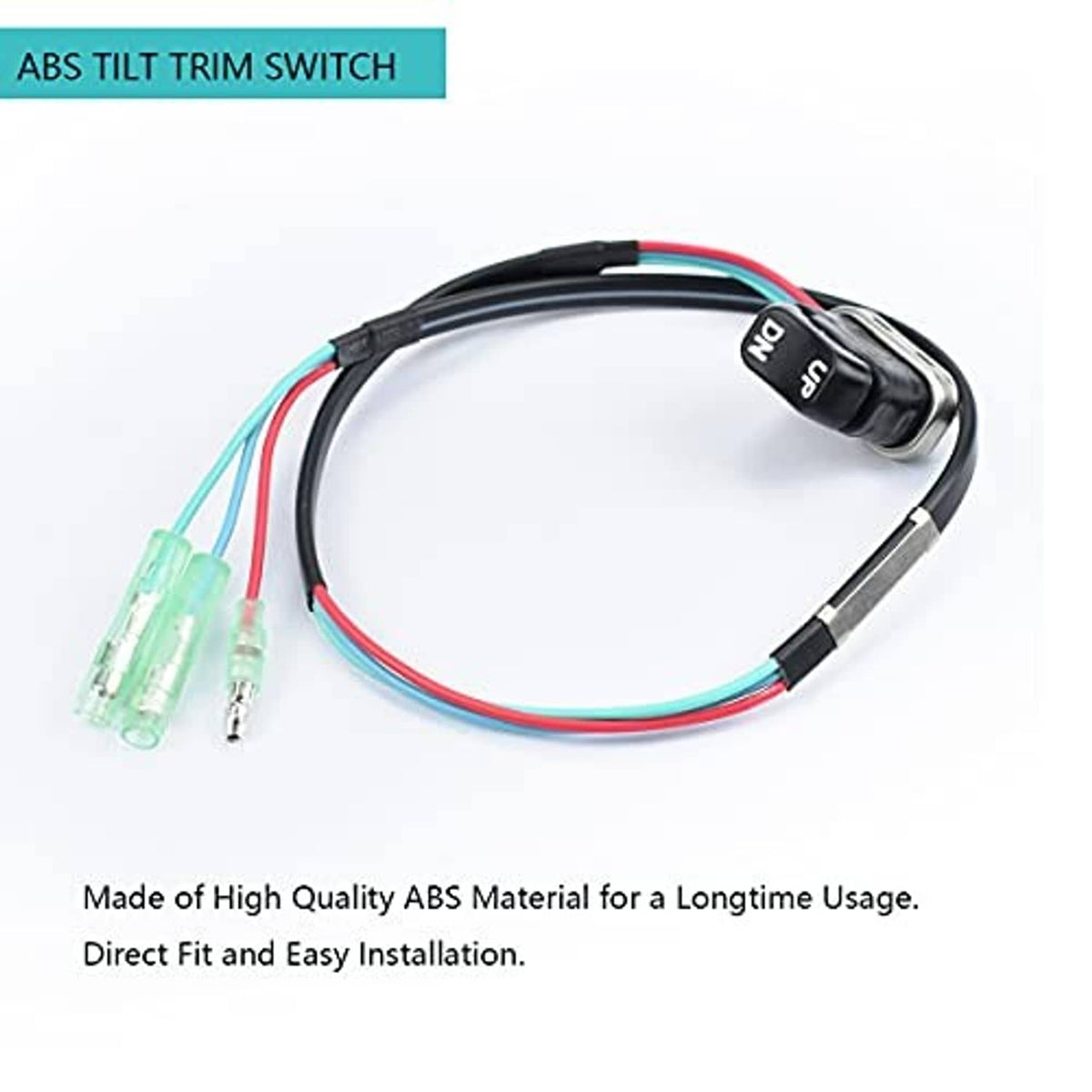 Tilt trim switch harness with black rocker switch and red/blue/green wires with clear connectors