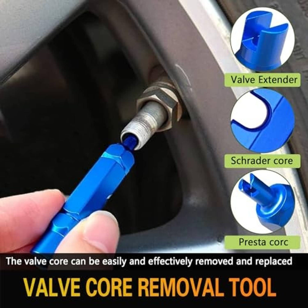 Tire valve core removal tool with blue handle and wrench for Schrader or Presta valves
