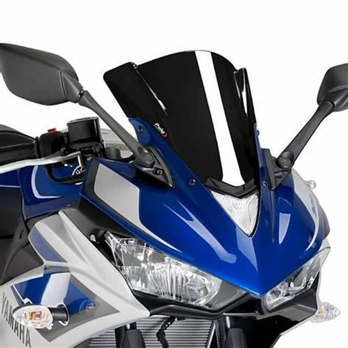 Front headlight on blue motorcycle, clear lens with black housing surround