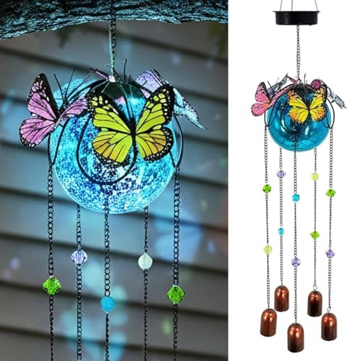 Butterfly wind chime solar light set with blue orb, multicolor bead chains, and copper bell drops
