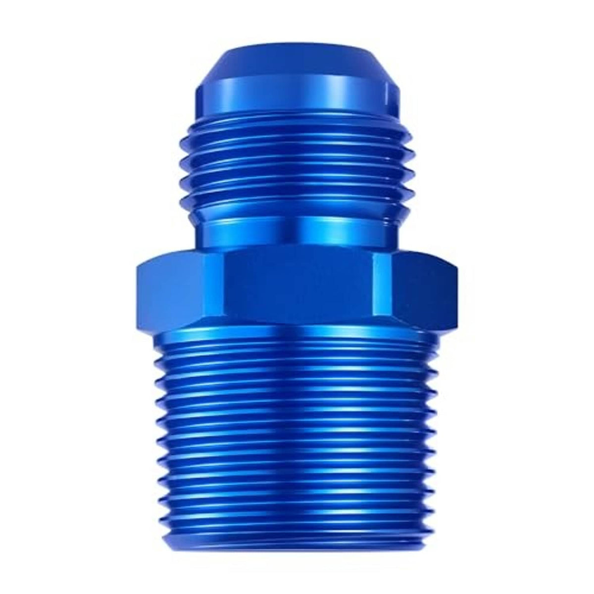 Blue straight flare adapter fitting with male threaded ends and hex body